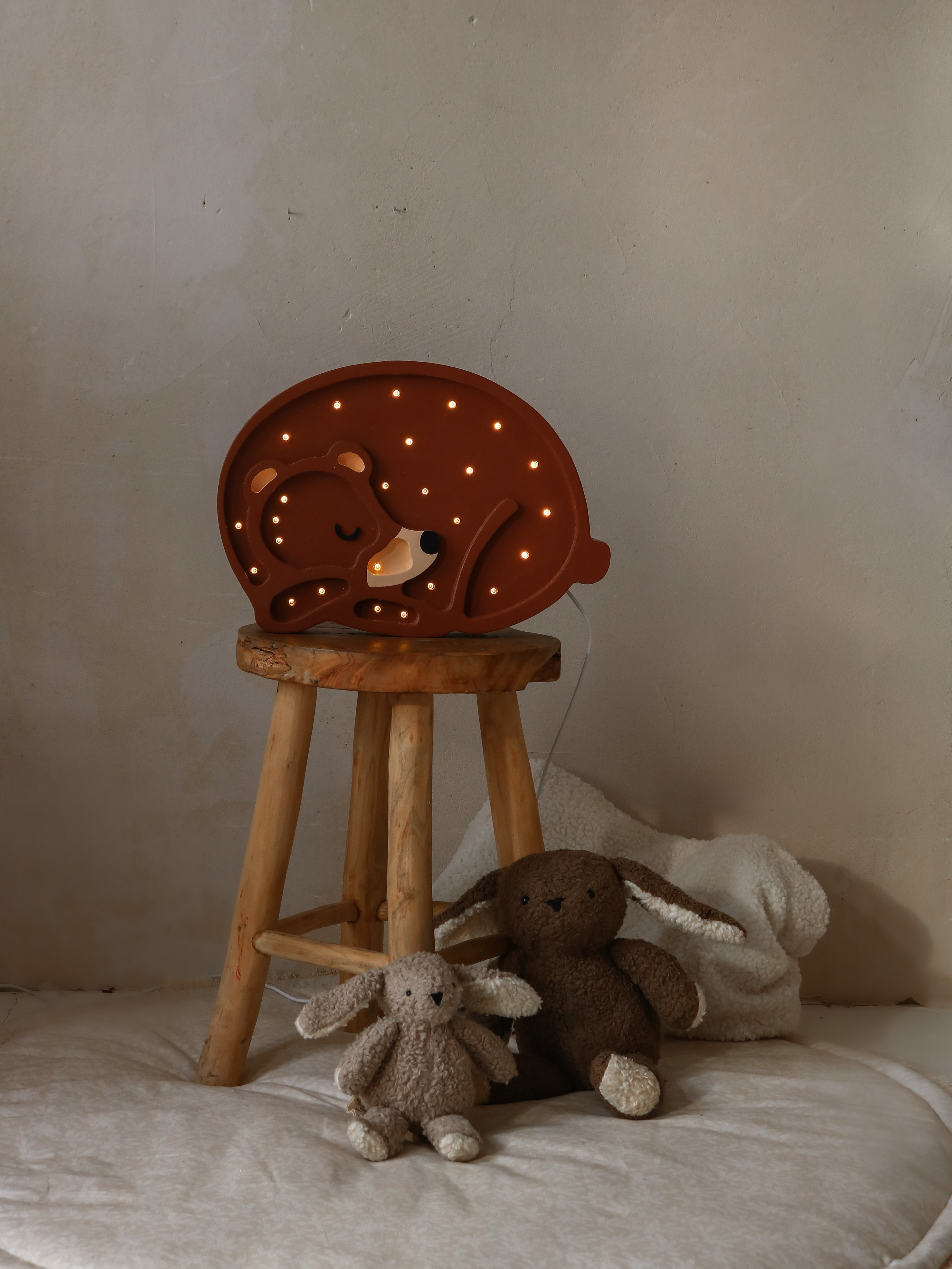 Handmade Sleeping Bear Lamp by Little Lights featuring wooden design, dimmable LED glow, and remote