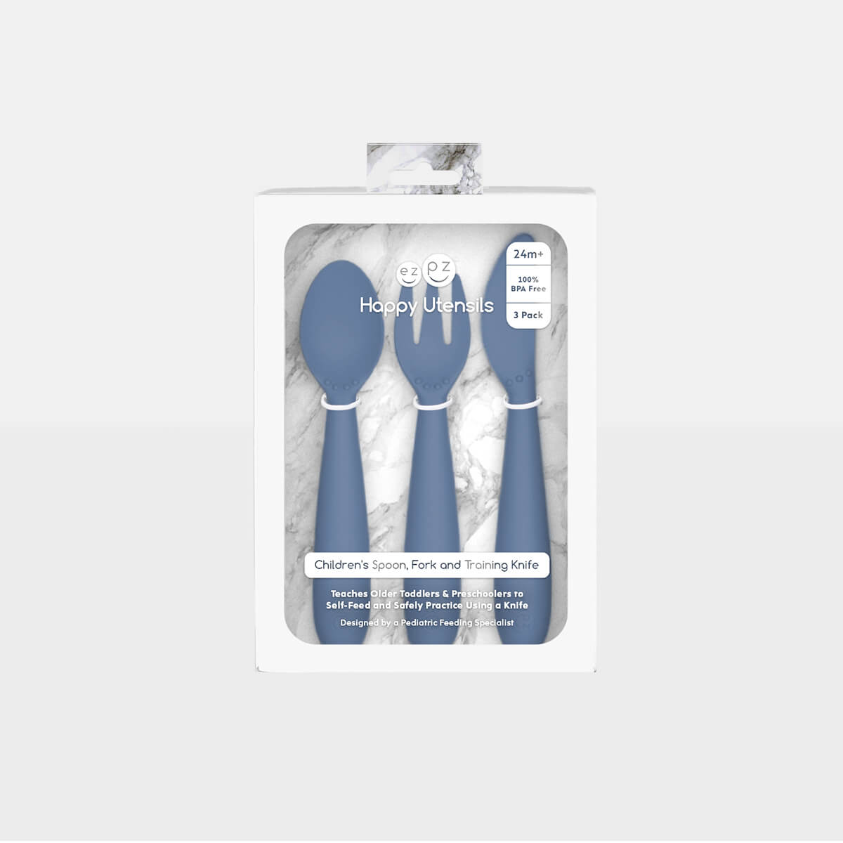 Happy Utensils in Indigo by ezpz / Silicone Spoon, Fork and Knife Set for Kids #color_indigo