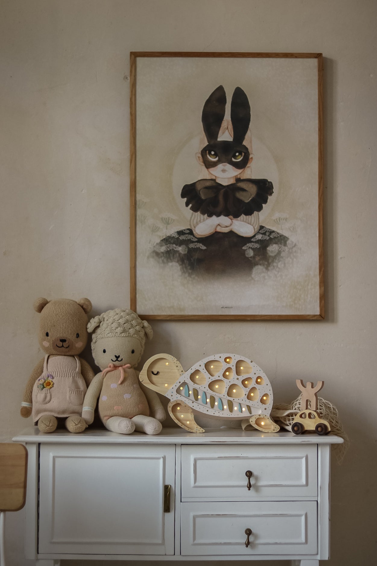 Wooden turtle night light in Albino Sprinkles by Little Lights, dimmable LED with remote