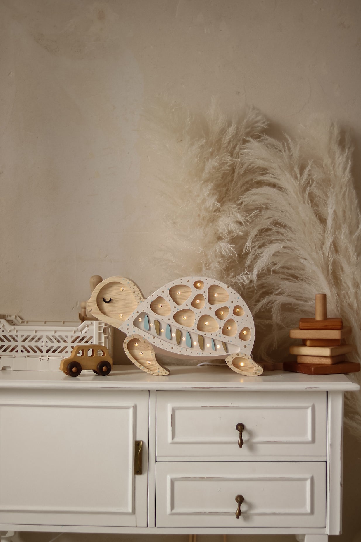 Soft white Albino Sprinkles turtle lamp for kids, handmade wooden nursery light