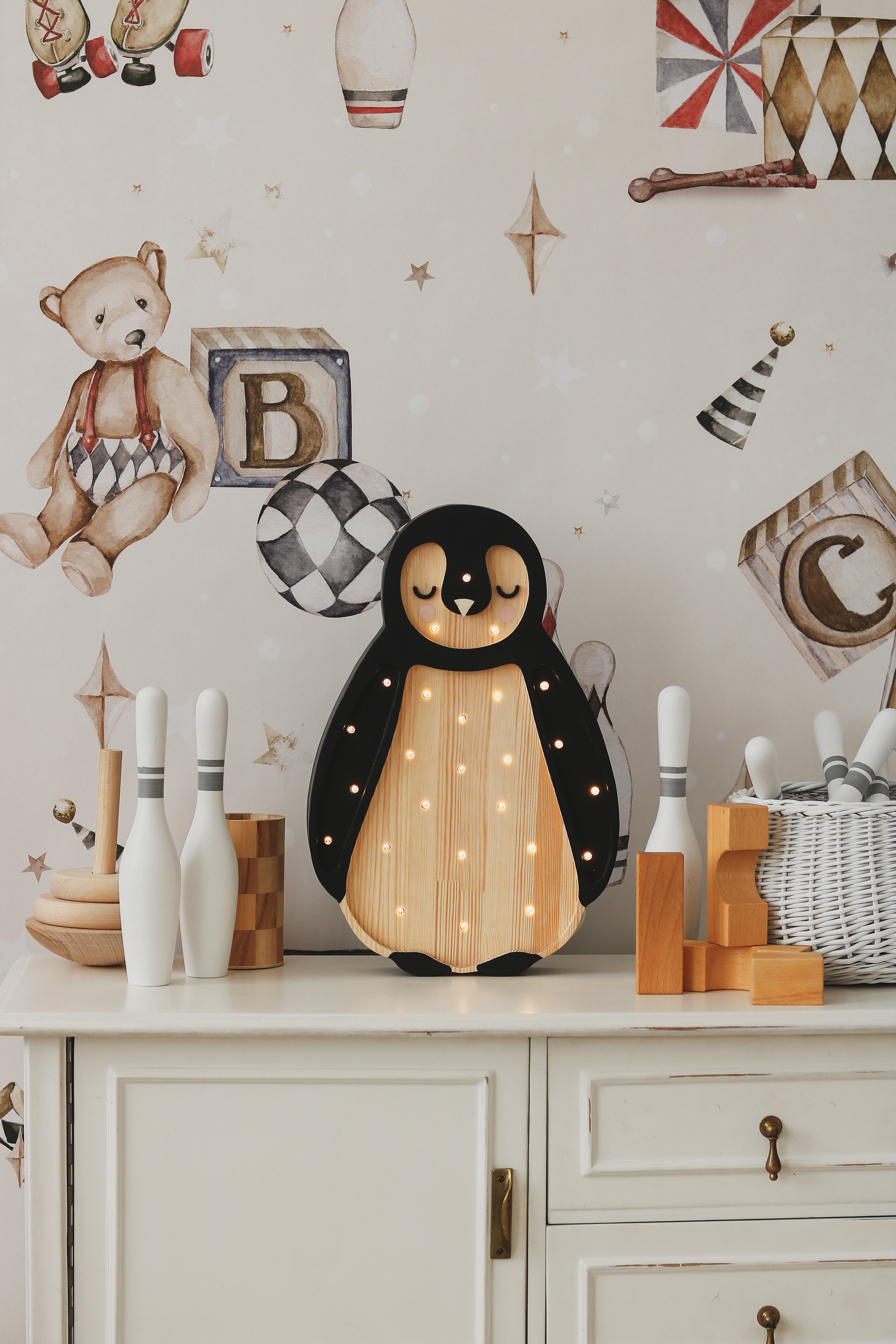 Handcrafted Arctic Wood Penguin Lamp from Little Lights featuring dimmable LED and remote