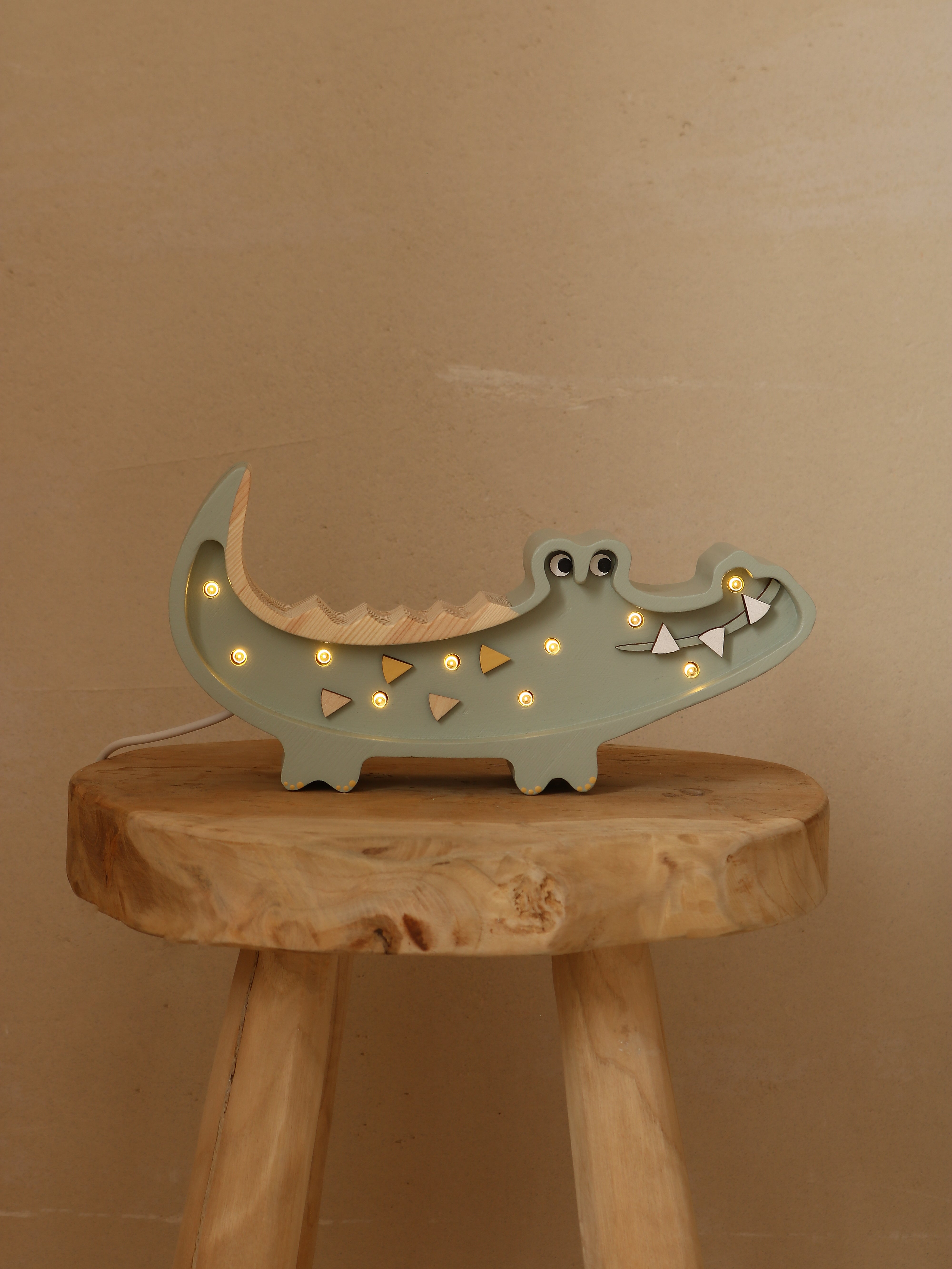 Pastel khaki crocodile night light with dimmer and remote, ideal for kids’ rooms