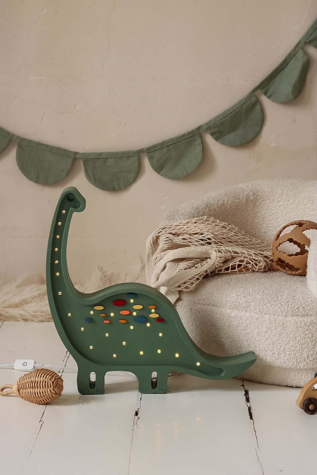 Wooden Confetti Green Dino Lamp with remote control and adjustable brightness