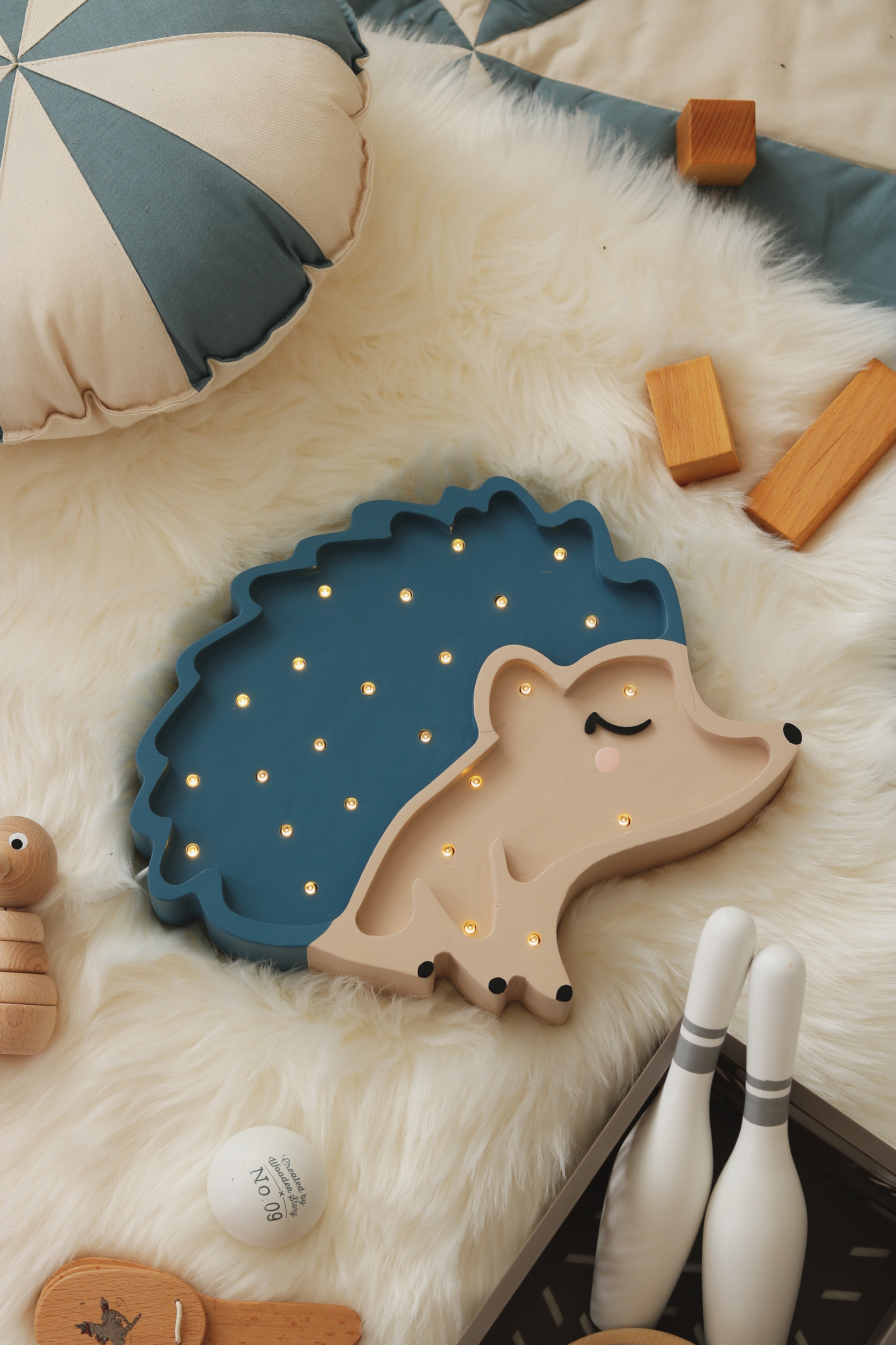 Fairytale Blue Hedgehog Lamp – dimmable remote-controlled wooden nursery decor piece