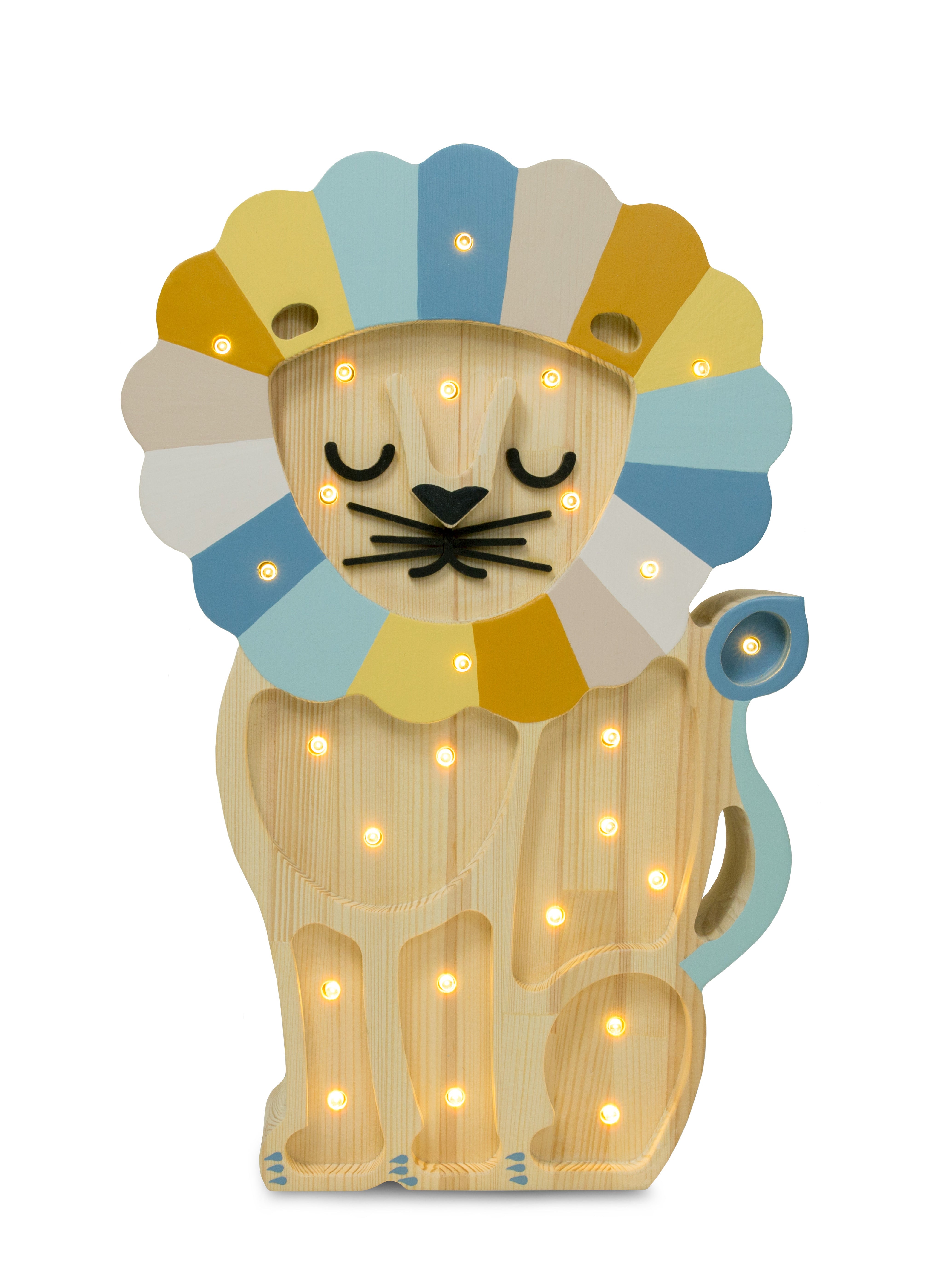 Little Lights Lion Lamp in Denim Rainbow – handmade wooden nursery lamp, dimmable and remote-controlled