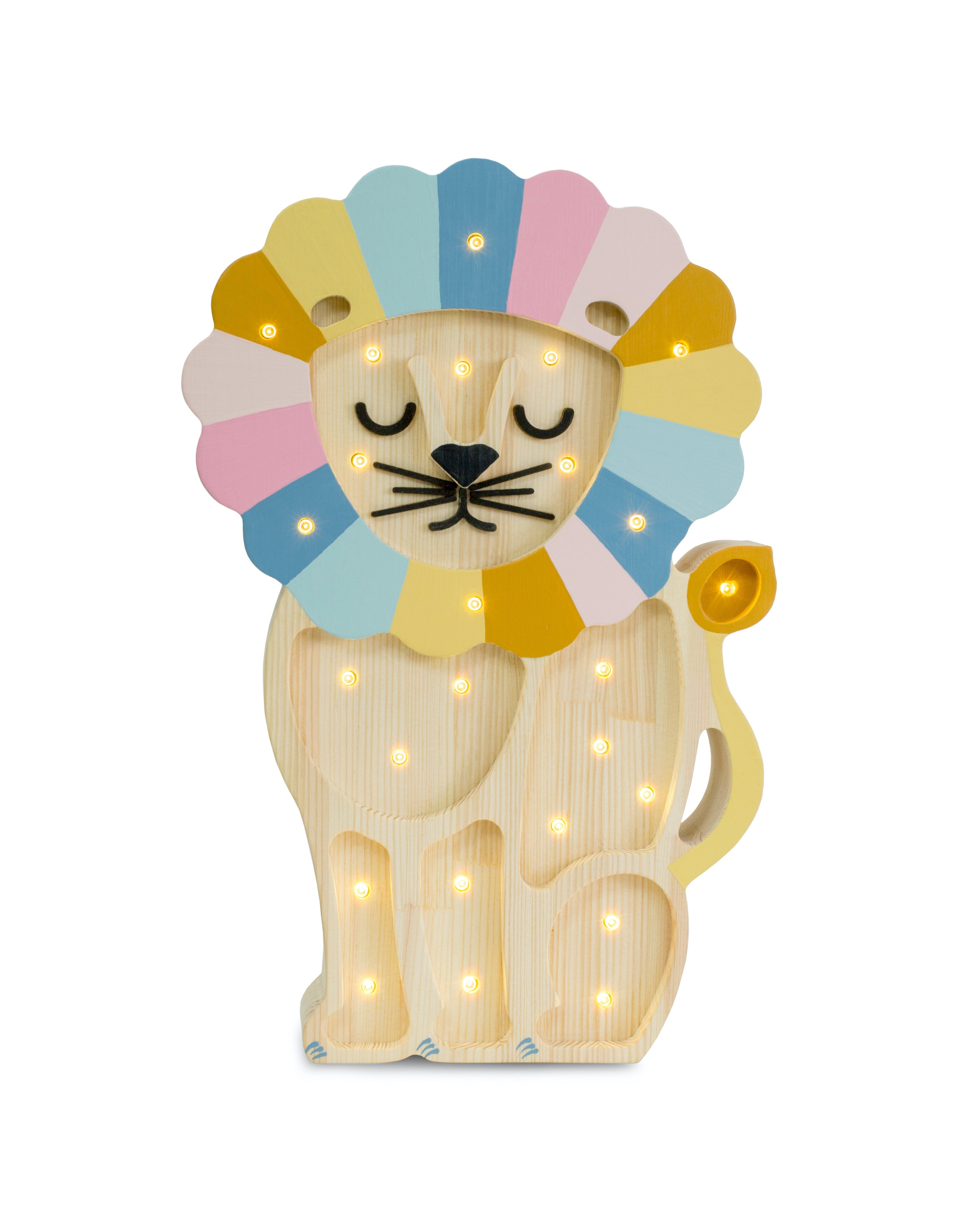 Little Lights Lion Lamp in Rainbow Retro – handmade wooden nursery lamp, dimmable and remote-controlled