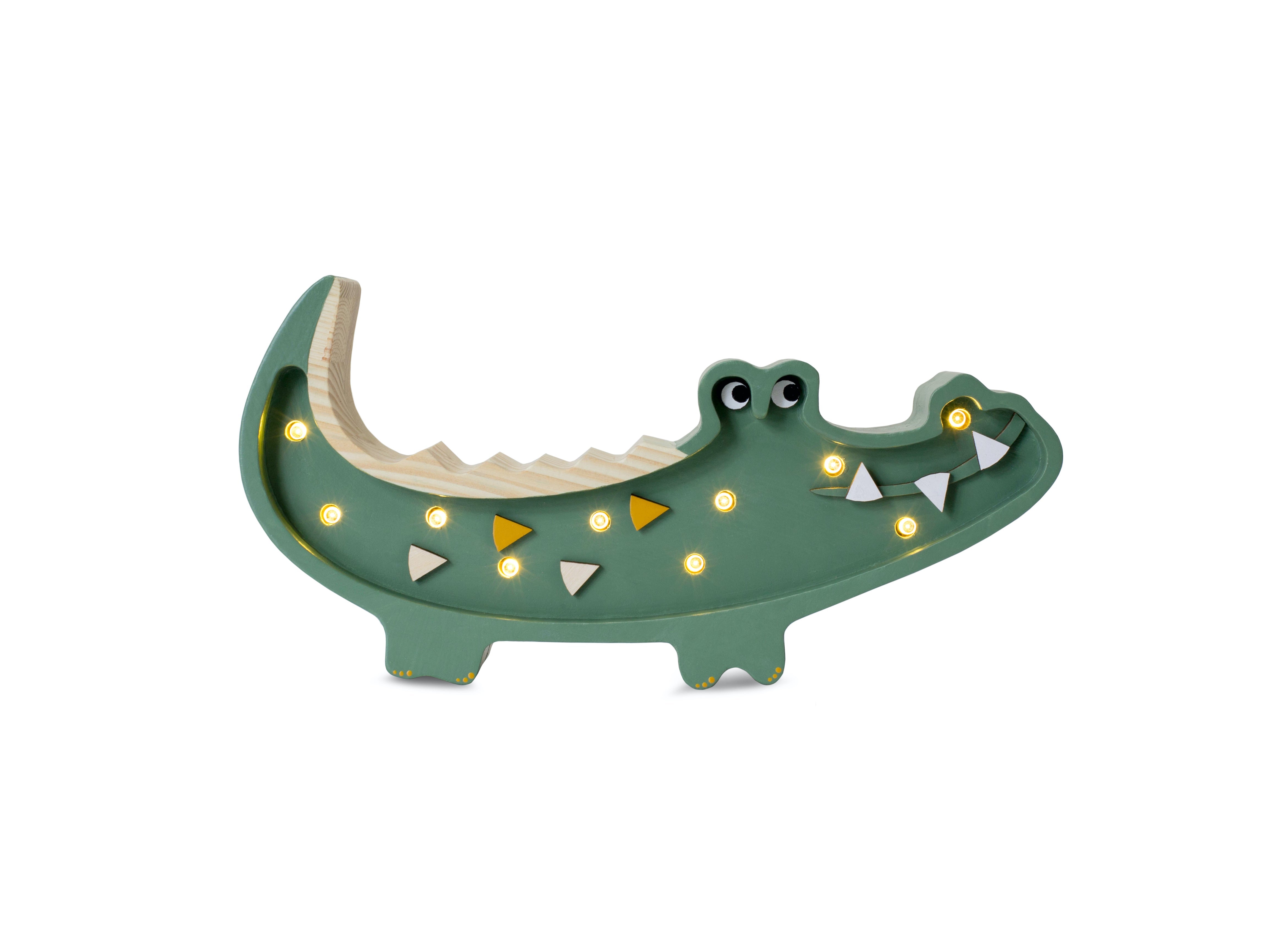 Little Lights Mini Crocodile Lamp in Military Green – handmade wooden nursery lamp