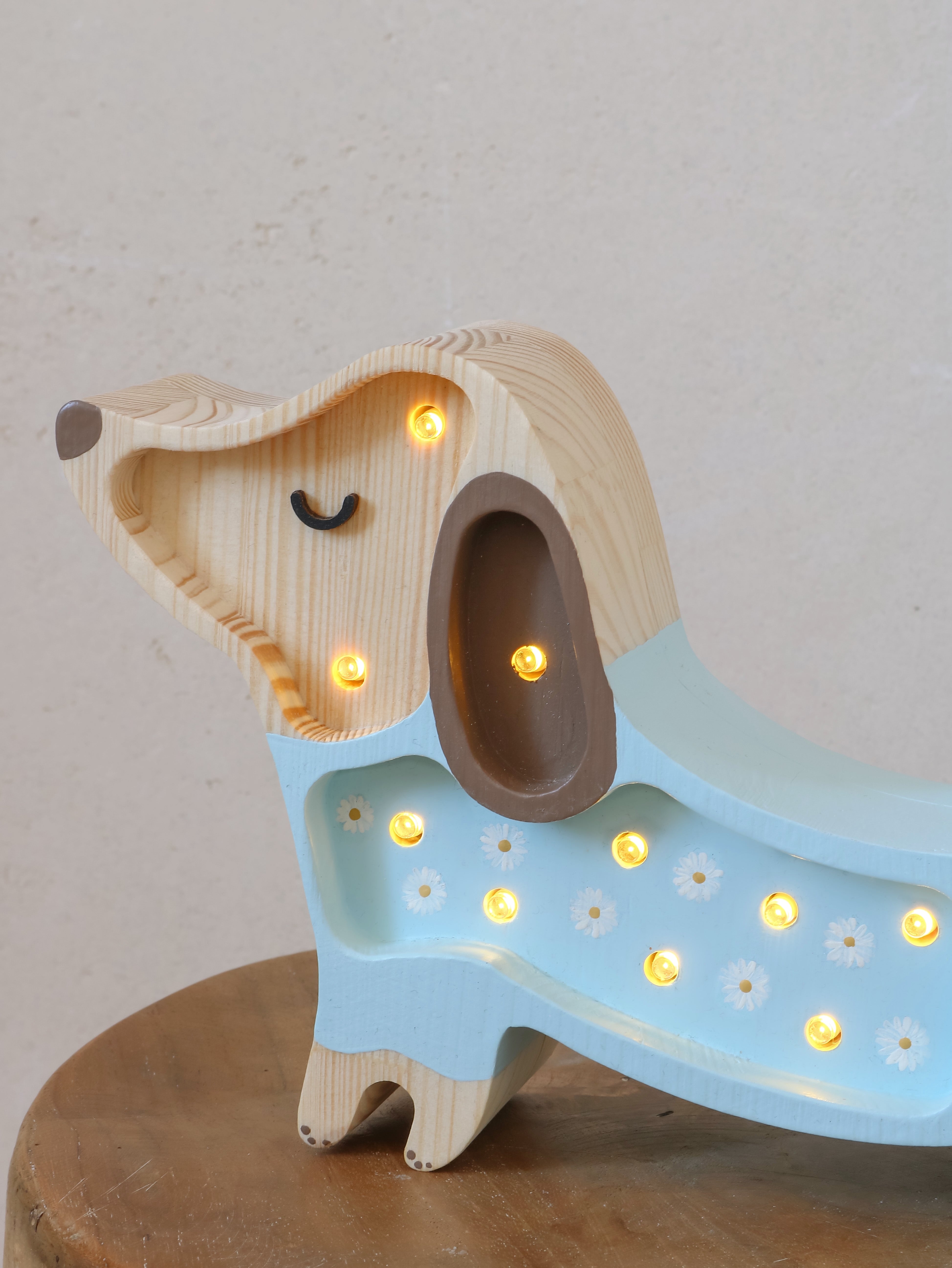 Little Lights Mini Puppy Lamp Daisy on Blue — dimmable LED wooden lamp, perfect for gentle nighttime lighting