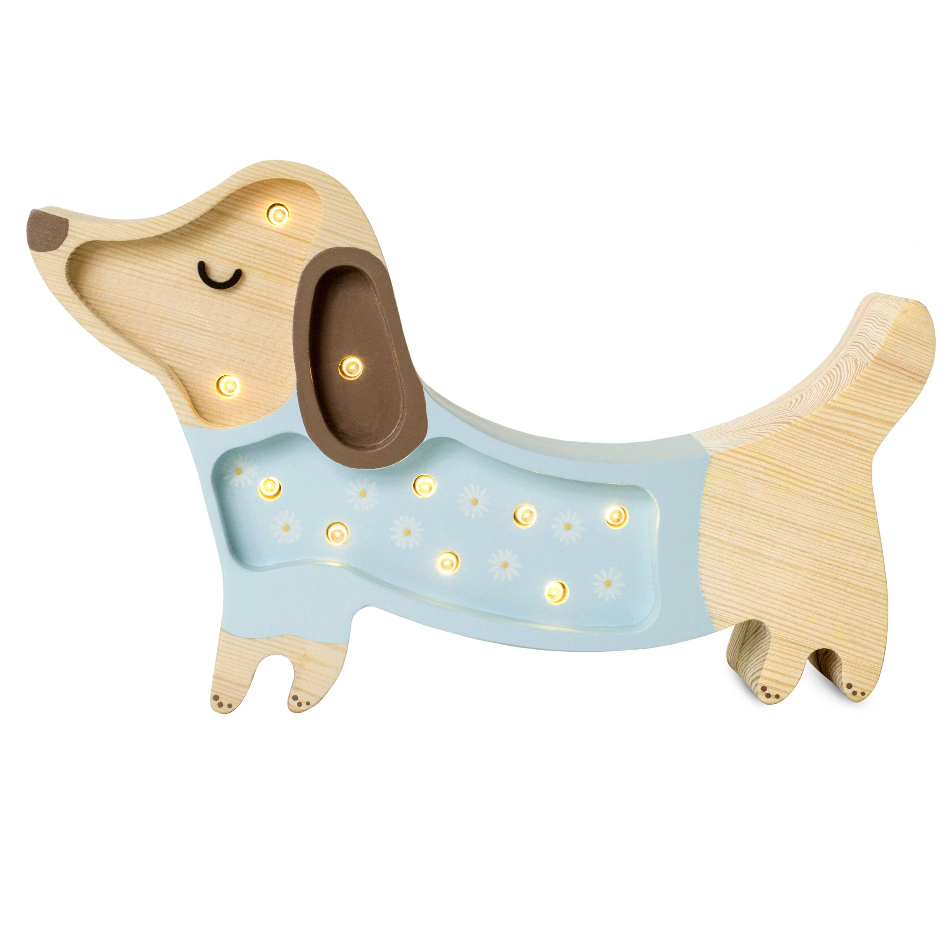Little Lights Mini Puppy Lamp Daisy on Blue — handmade wooden dimmable LED nursery night light with remote
