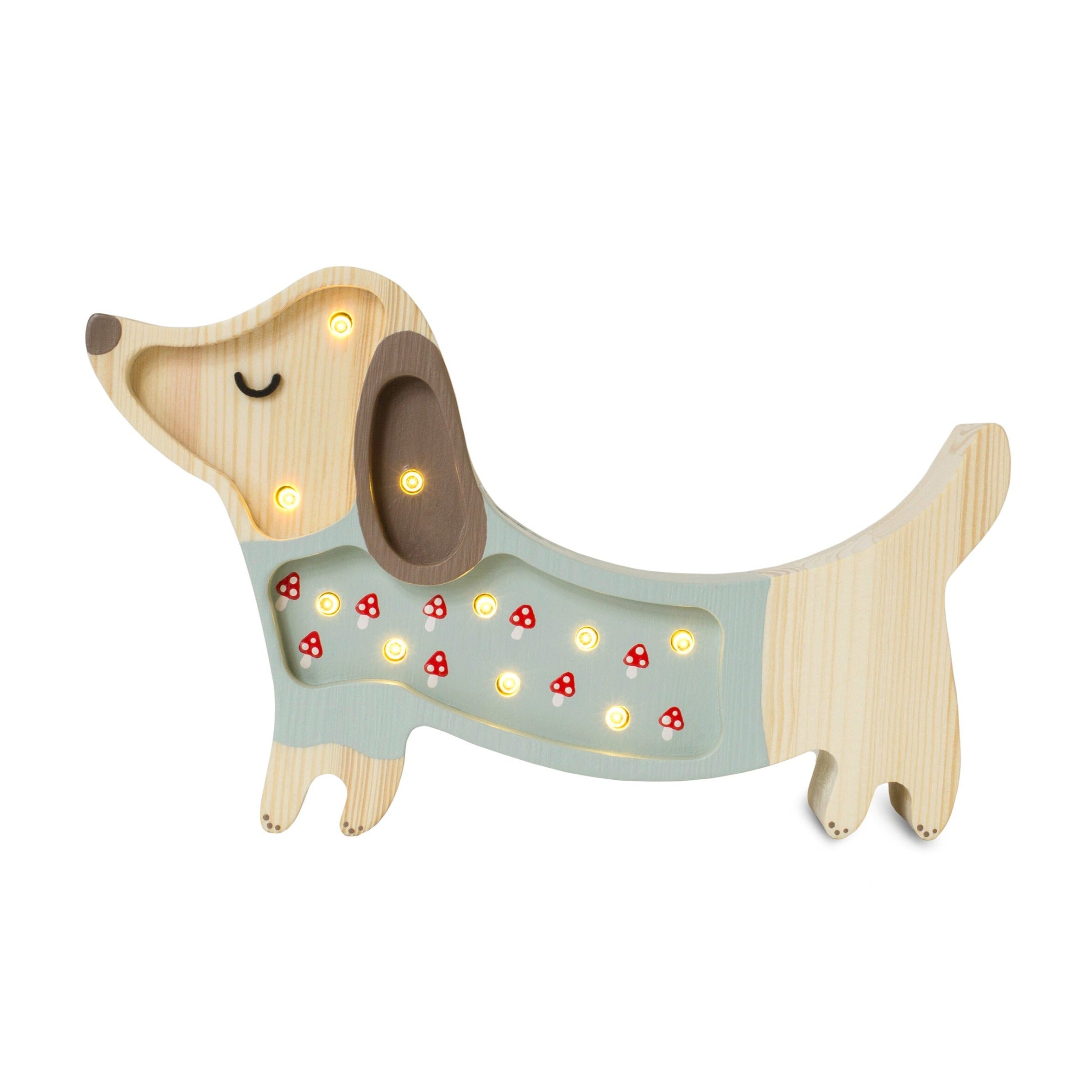 Little Lights Mini Puppy Lamp Mushrooms on Green — handmade wooden dimmable LED lamp with remote, nature-themed nursery gift