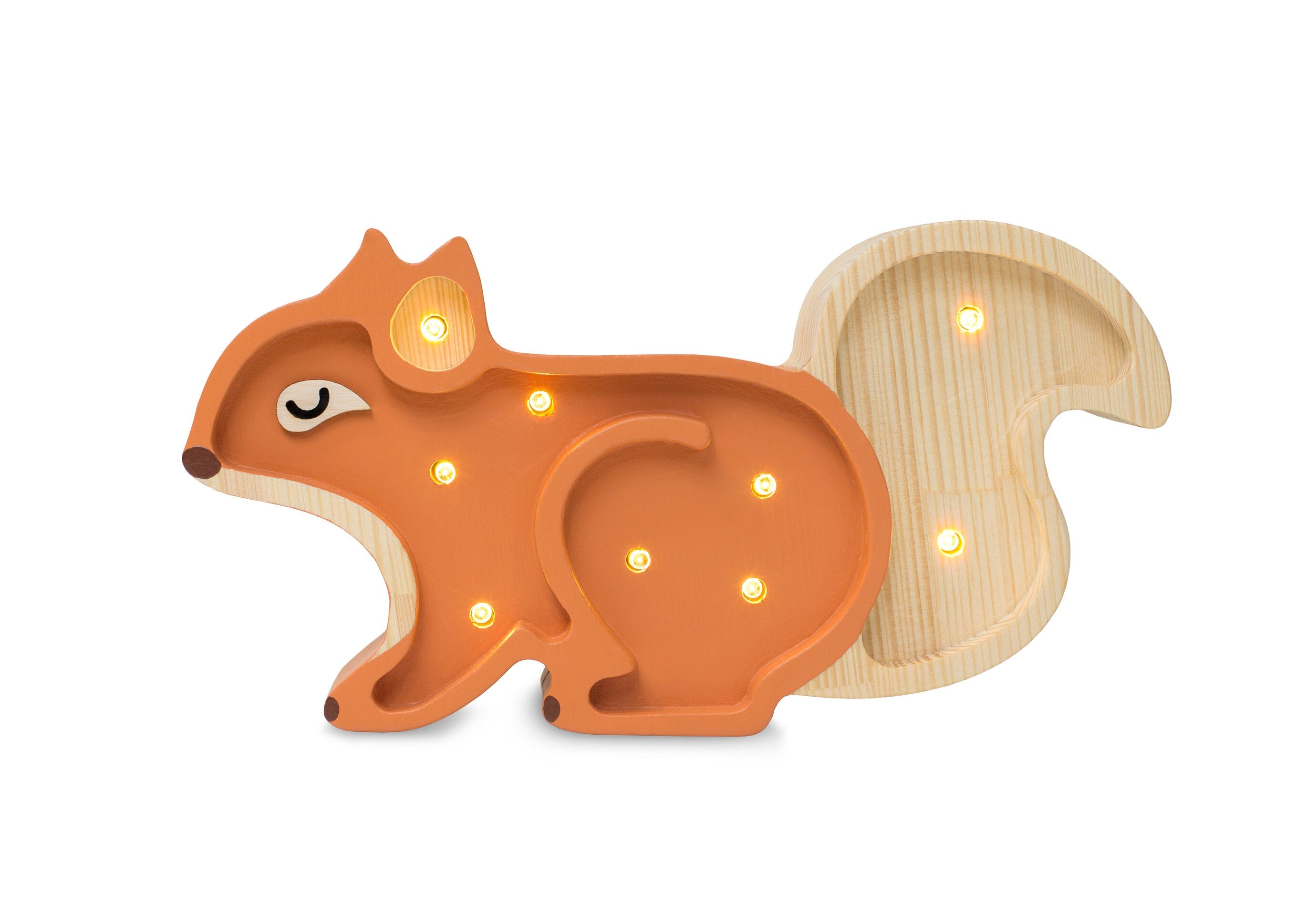 Little Lights Mini Squirrel Lamp — handmade wooden dimmable LED night light with remote, a cozy nursery gift for babies and kids