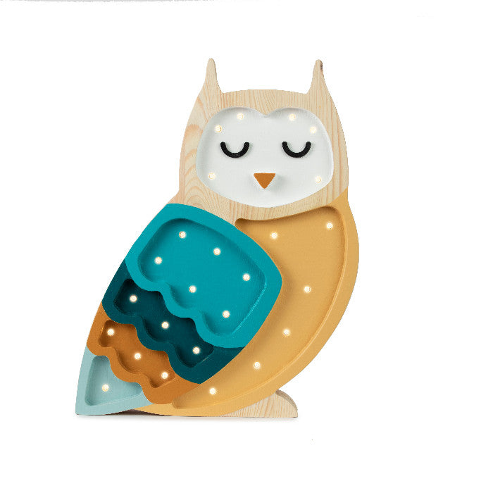Little Lights Owl Lamp in Mustard — handmade wooden dimmable LED night light with remote, warm and cozy nursery gift