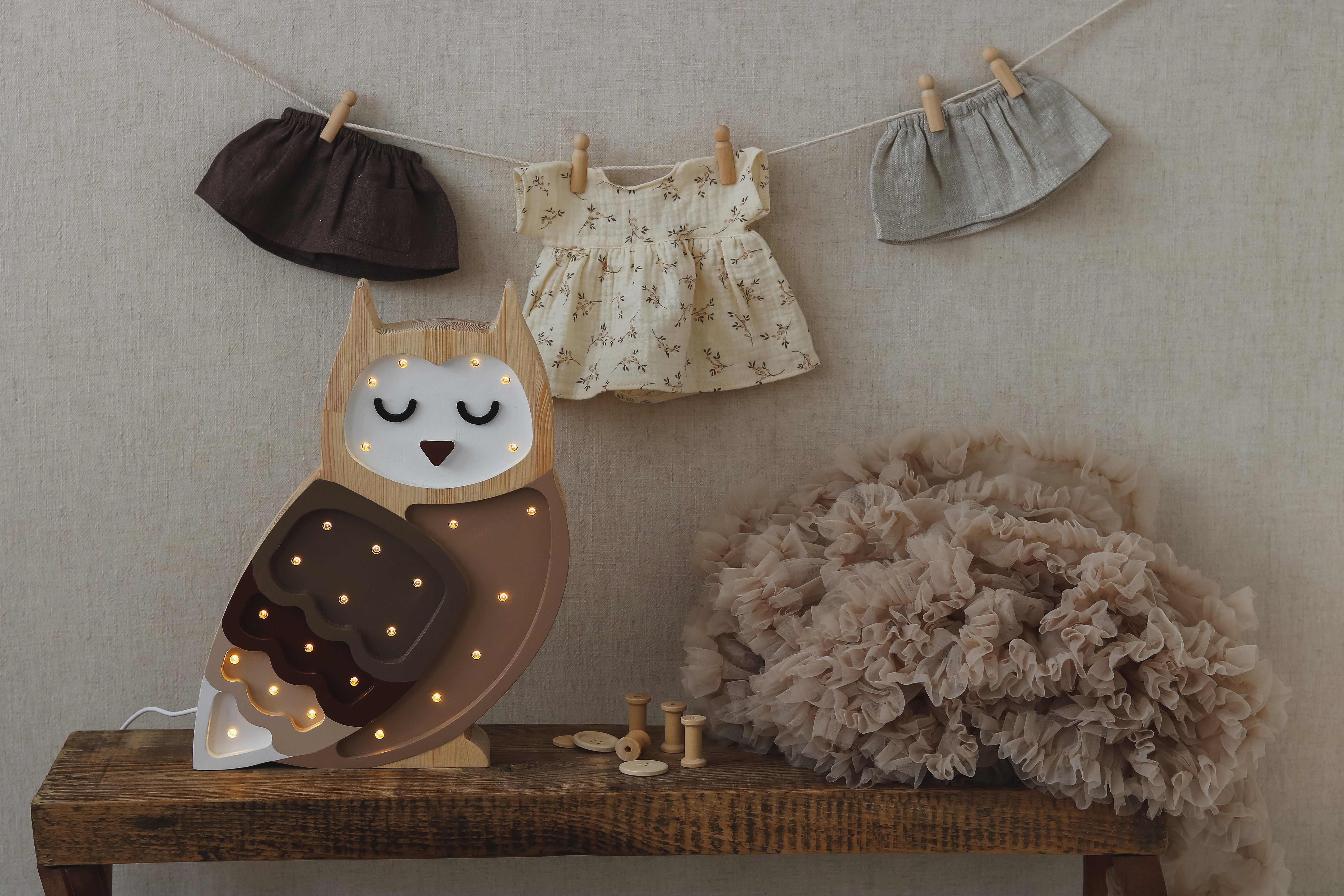 Little Lights Ombre Brown Owl Lamp — wooden LED baby night light for cozy forest-themed nurseries