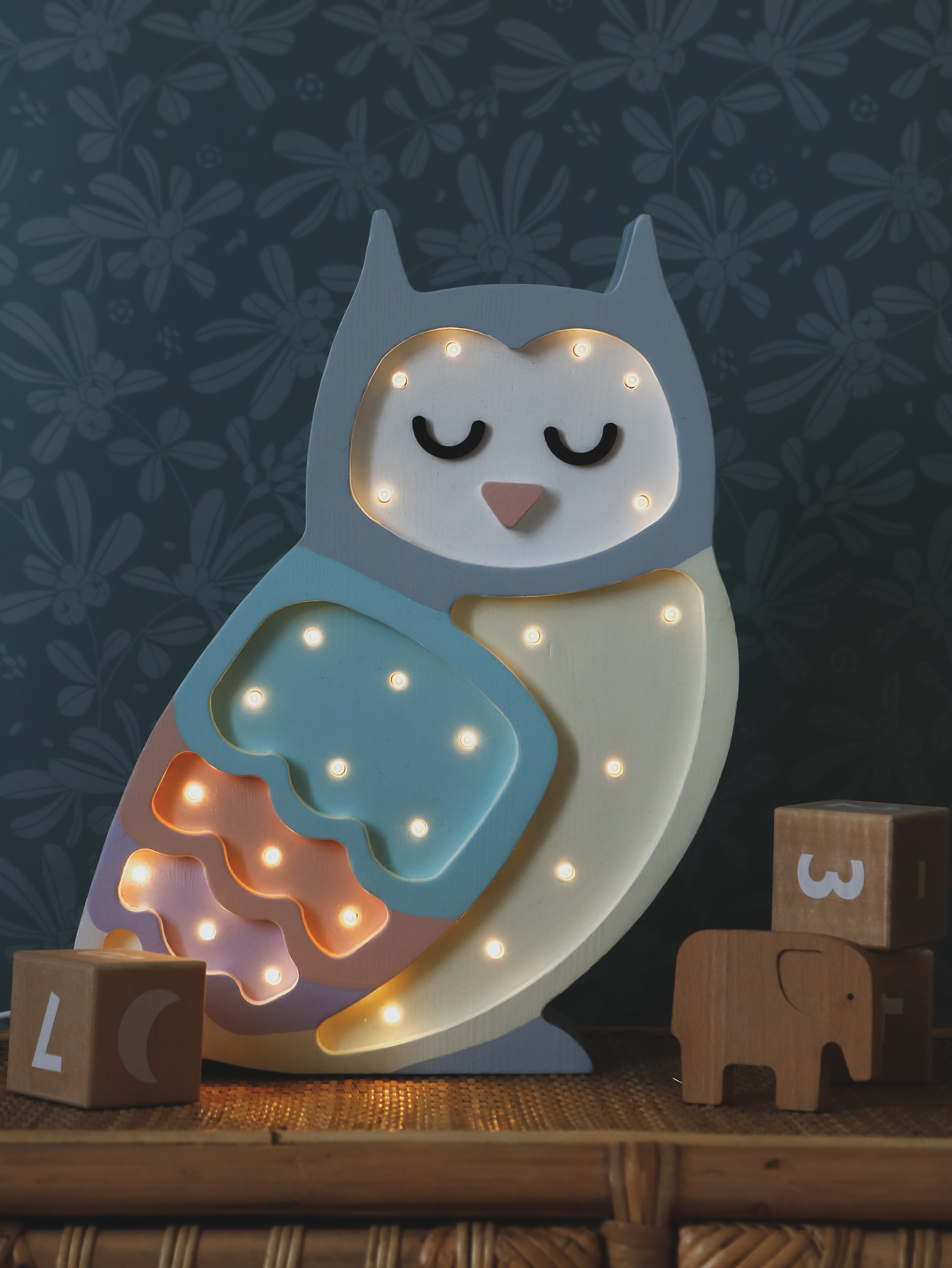 Little Lights Pastel Owl Lamp — dimmable wooden LED nursery gift for modern pastel-themed décor