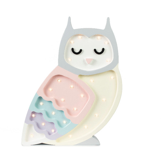 Little Lights Owl Lamp in Pastel — handmade wooden dimmable LED night light with remote, soft calming nursery gift