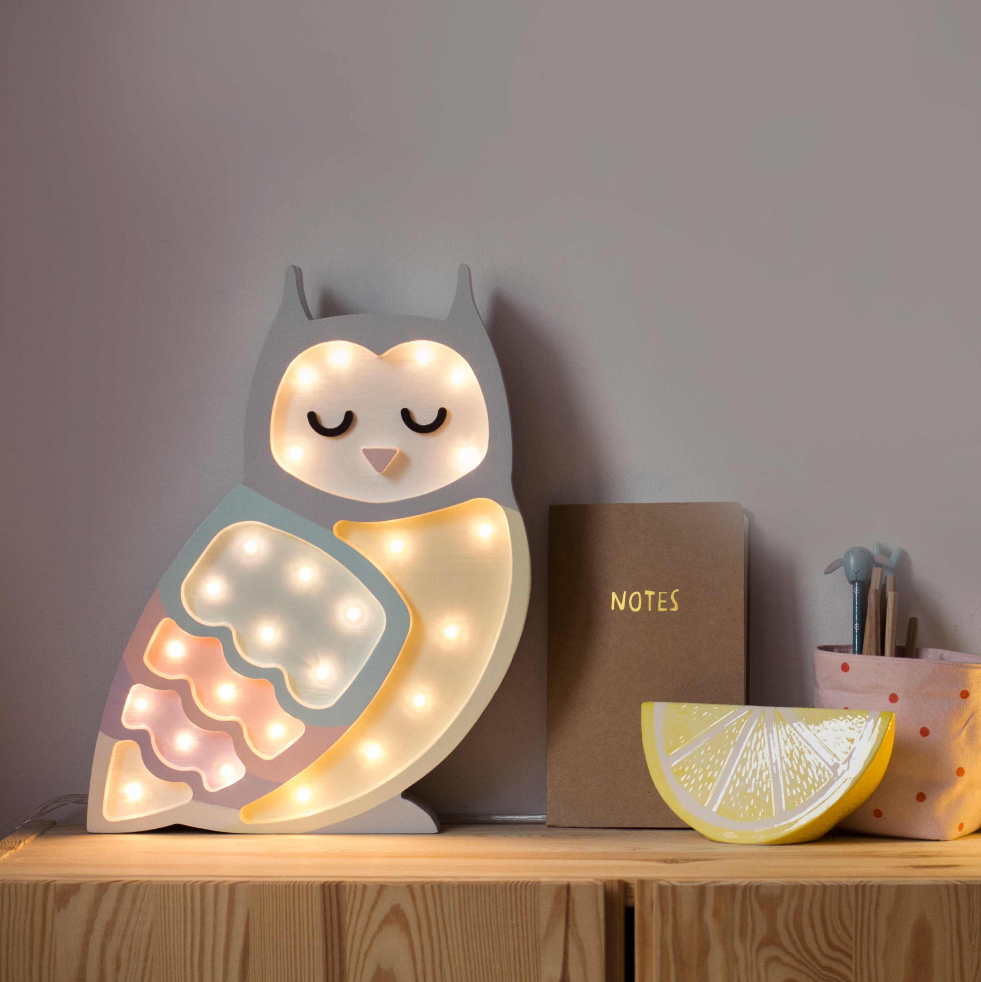 Little Lights Pastel Owl Lamp — wooden LED night light for gentle baby nursery ambiance