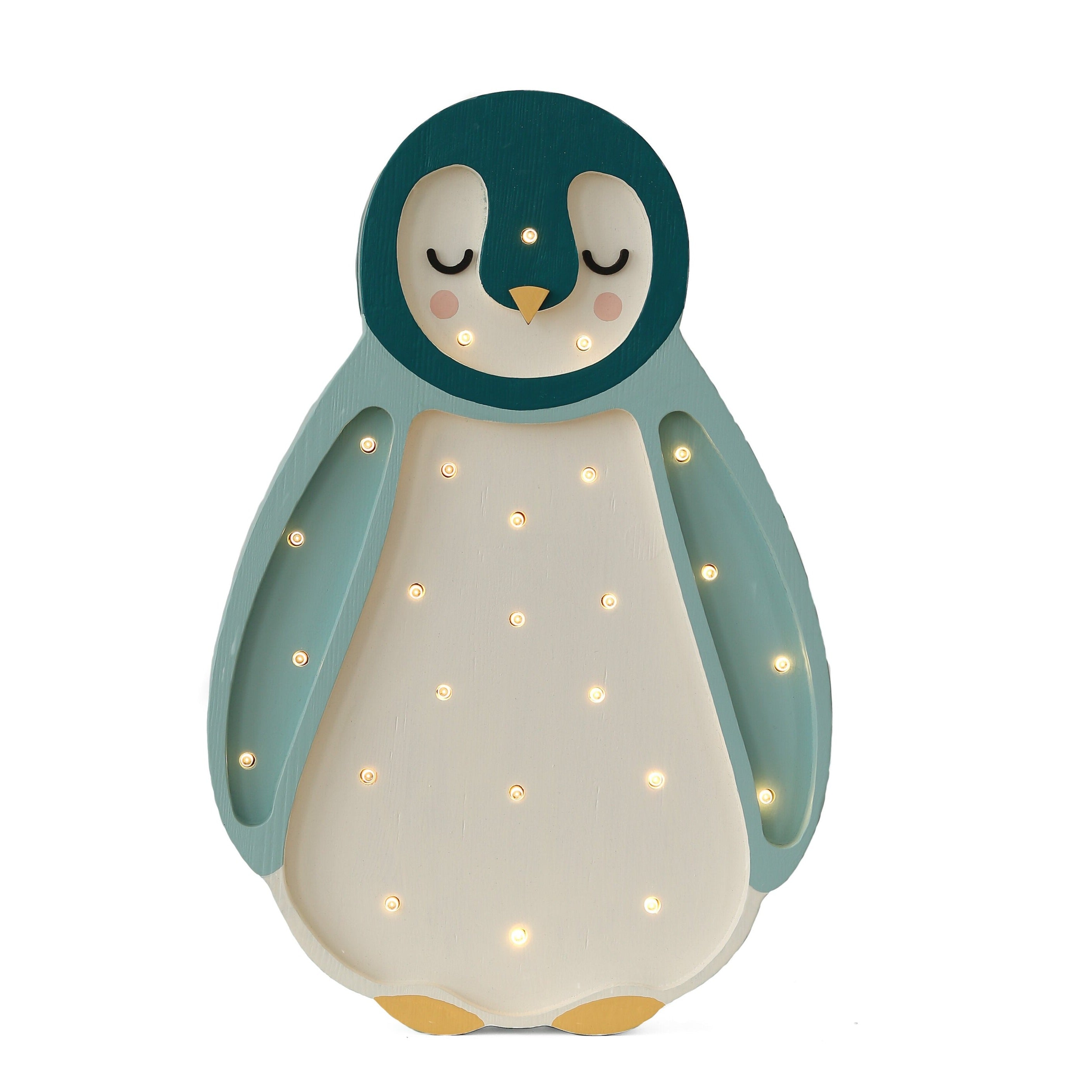 Little Lights handmade wooden Penguin Lamp in Teal with dimmable LED lights and remote; perfect nursery gift
