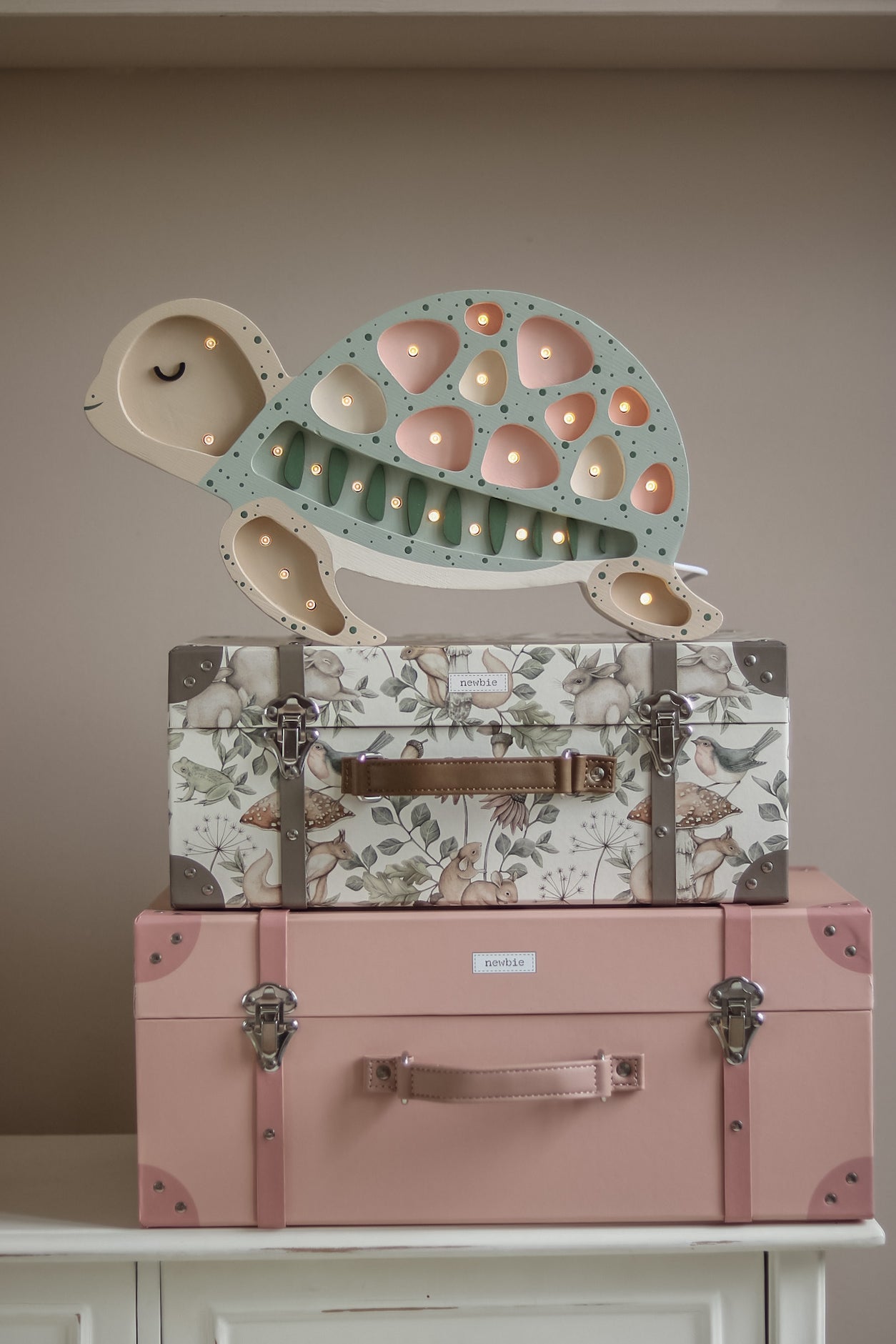 Seafoam Pink wooden turtle lamp by Little Lights, dimmable LED with remote