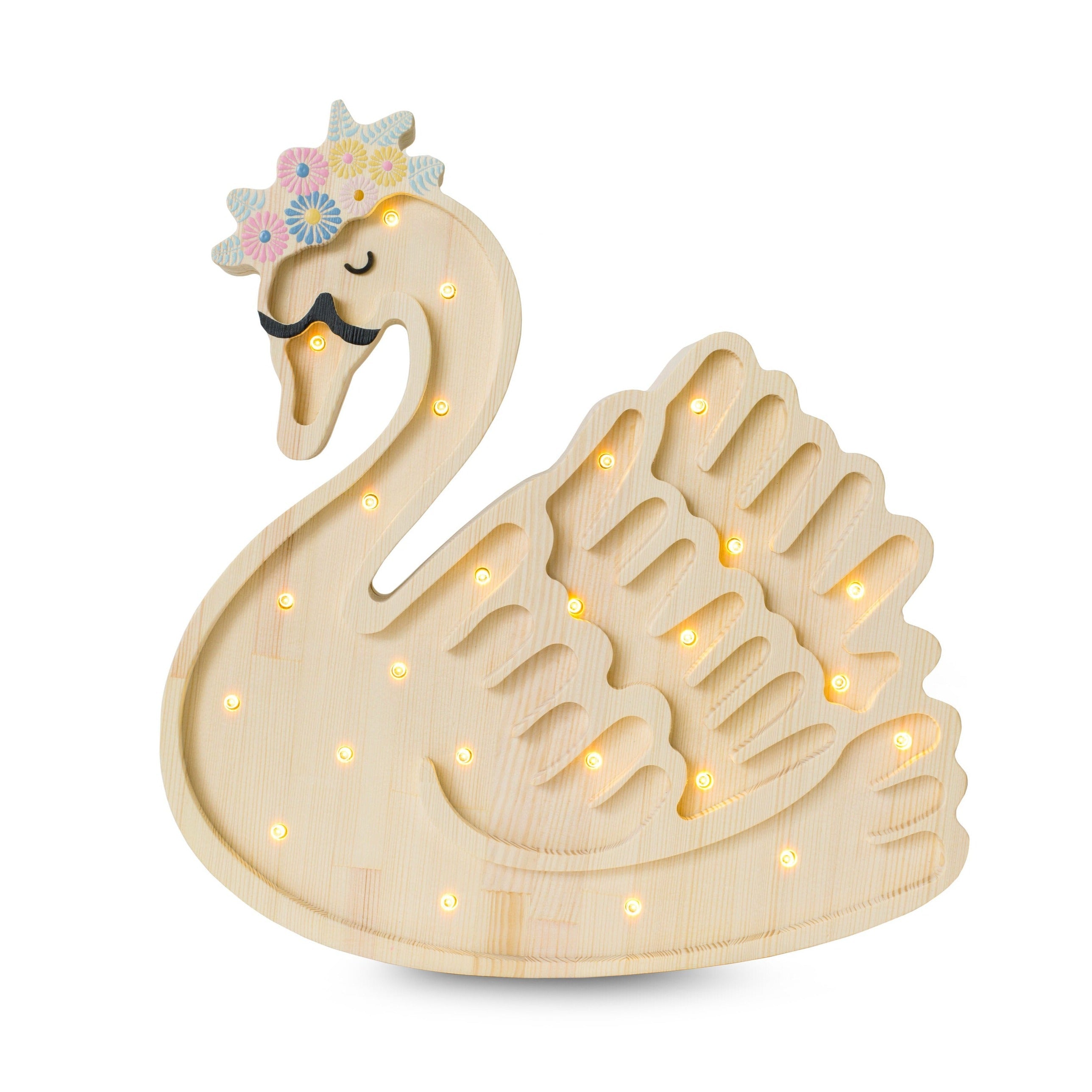 Little Lights Swan Lamp in Natural Wood, handmade wooden dimmable LED night light with remote