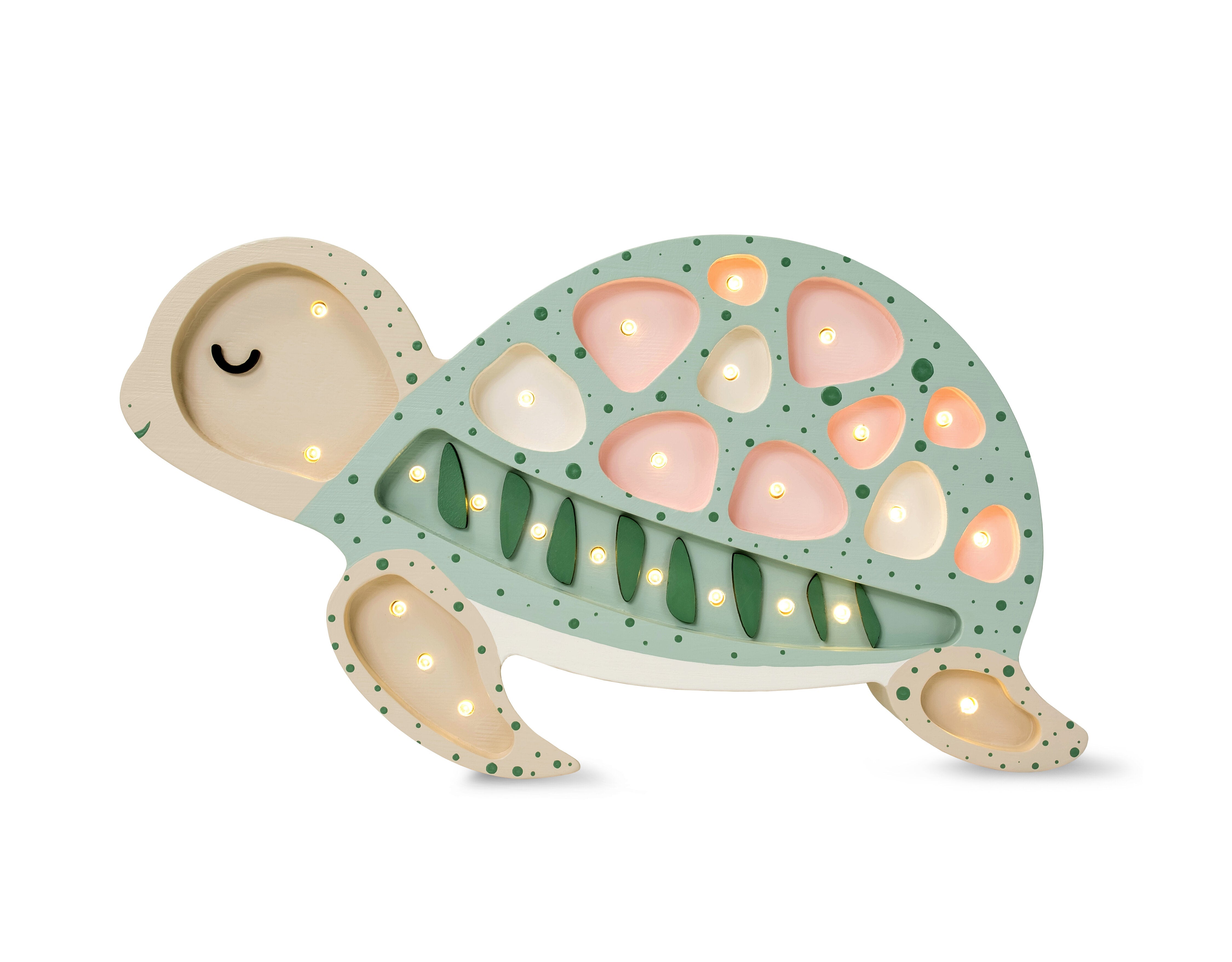 Little Lights Turtle Lamp in Seafoam Pink, handmade wooden dimmable LED nursery night light