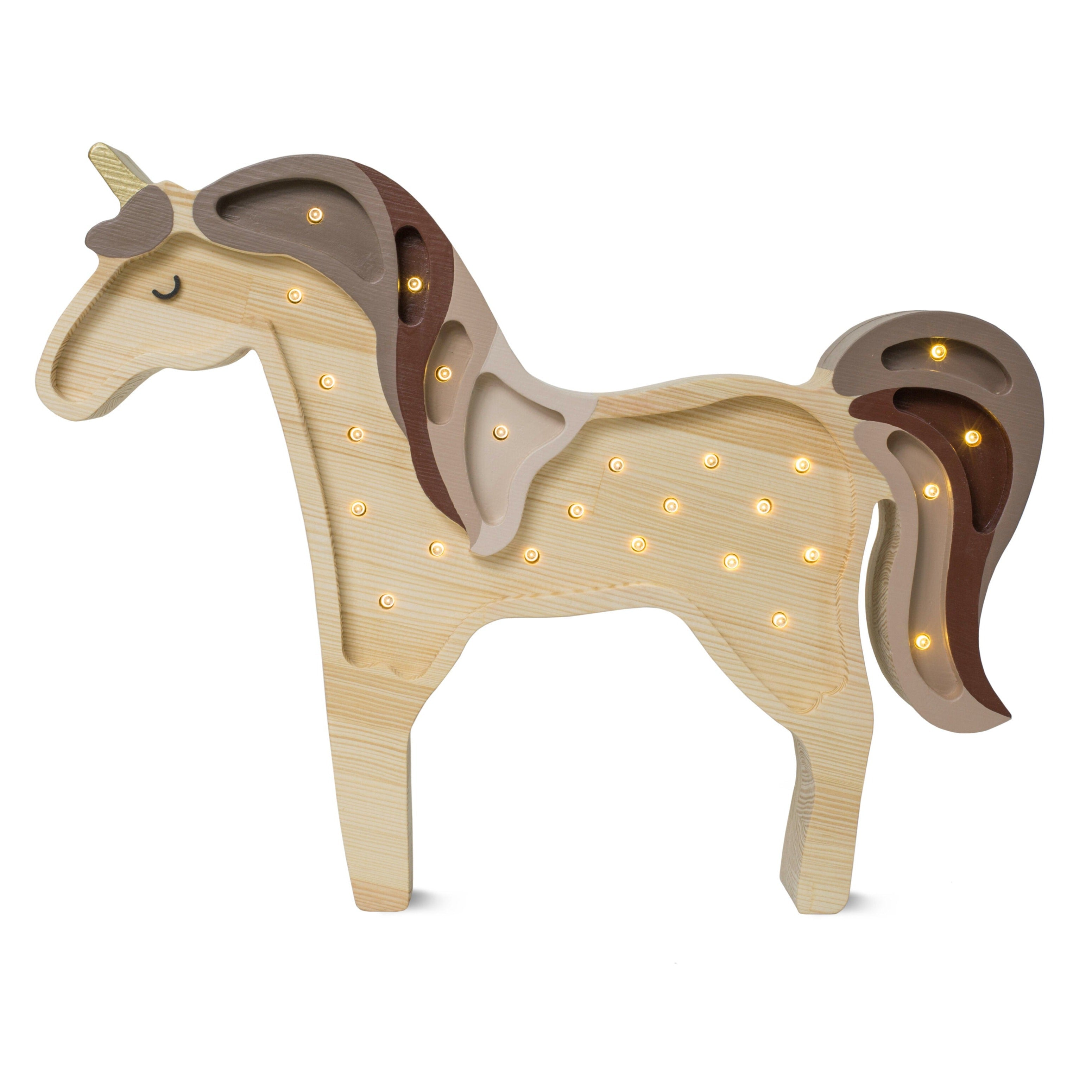 Little Lights Unicorn Lamp in Cappuccino Wood, handmade wooden dimmable LED girls room décor