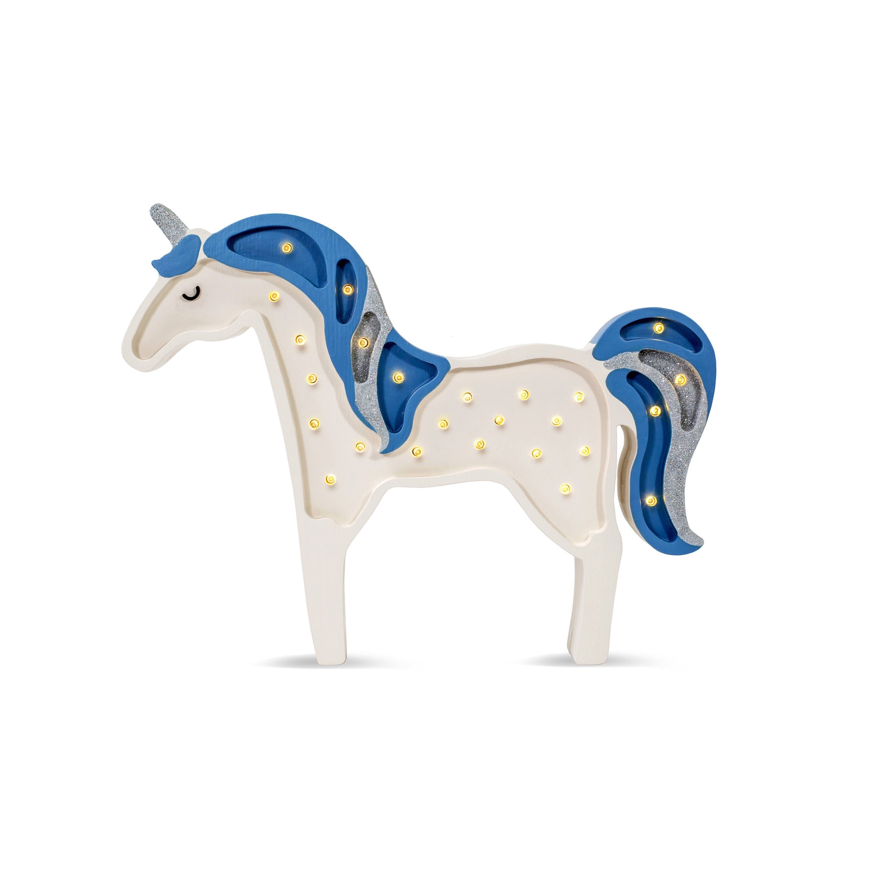 Little Lights Unicorn Lamp in Denim Glitter, handmade wooden dimmable LED girls room décor
