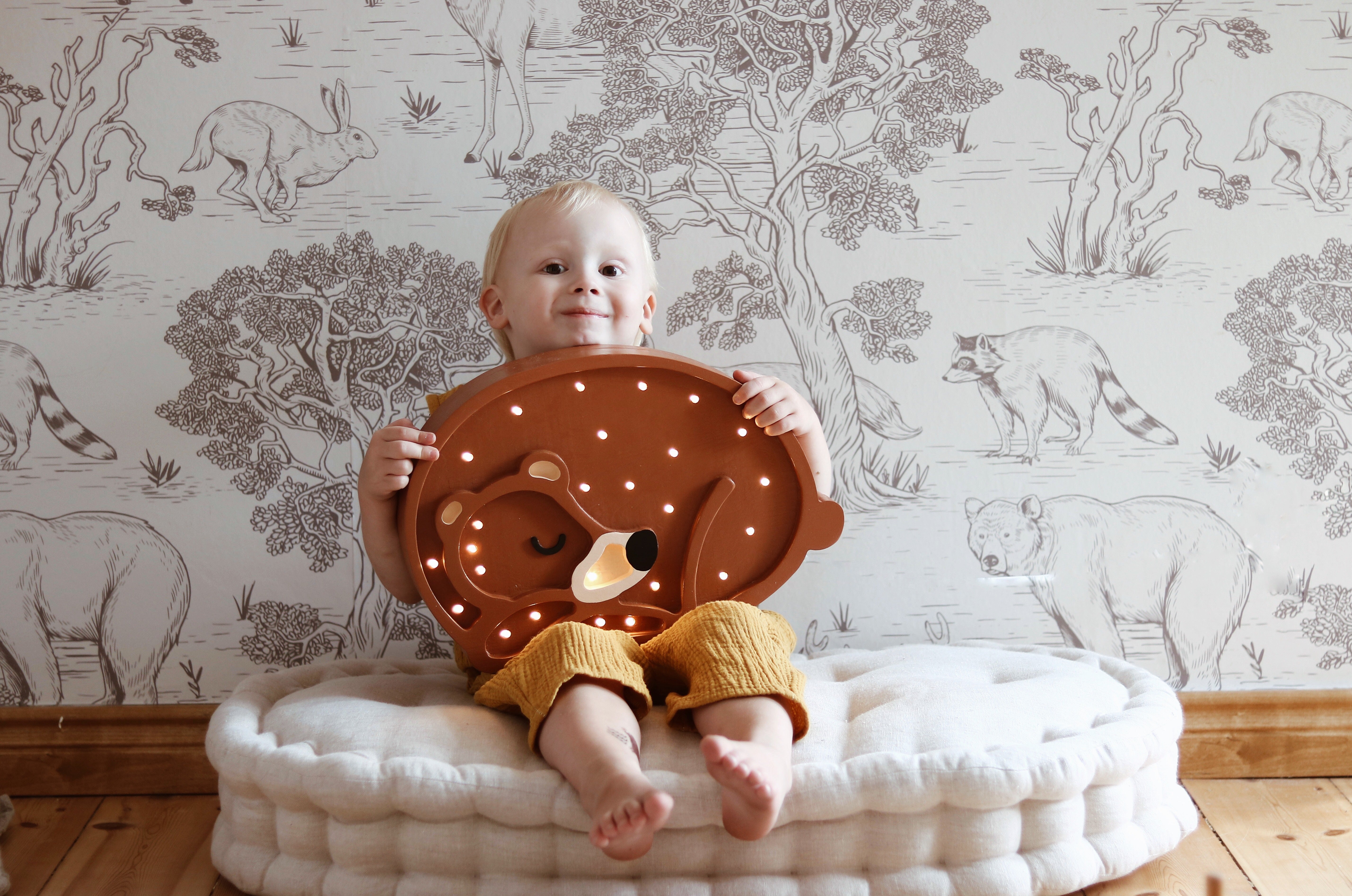 Little Lights wooden Sleeping Bear night light, handcrafted with dimmable LED and remote; perfect nursery gift