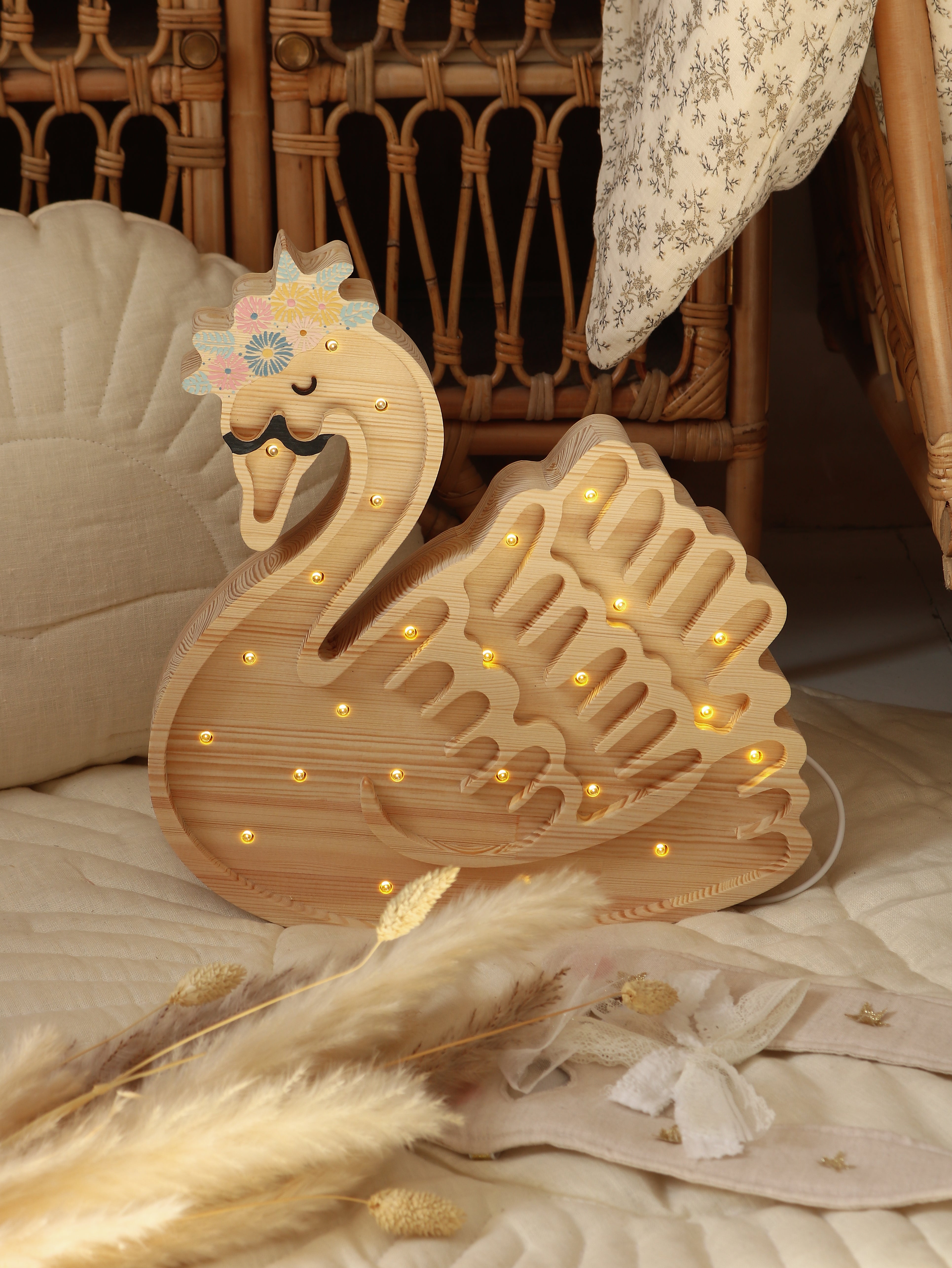 Handmade natural wood Swan Lamp from Little Lights, wooden dimmable LED nursery light