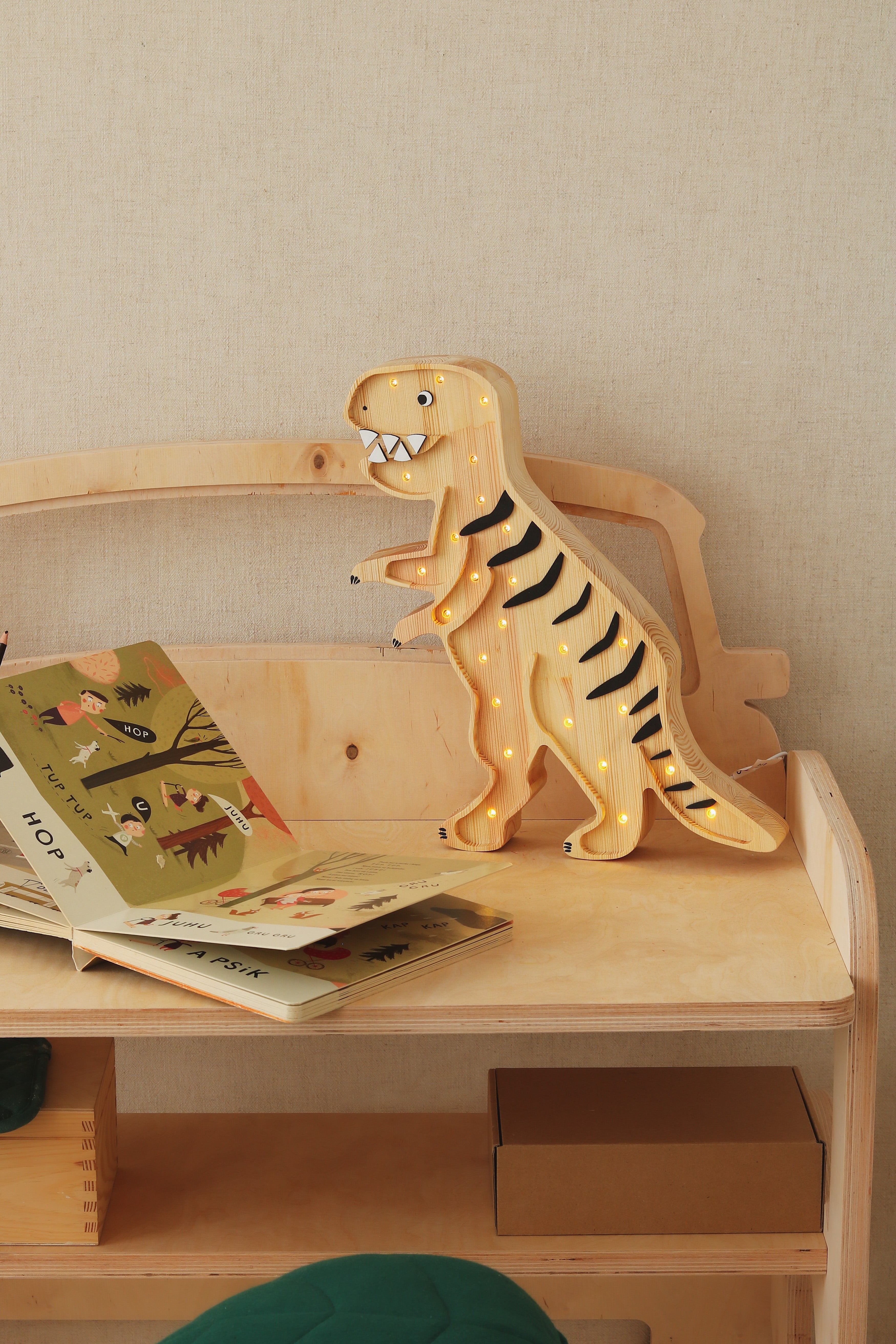 Mesozoic Wood T-Rex Dino Lamp by Little Lights, handcrafted wooden LED night light with remote