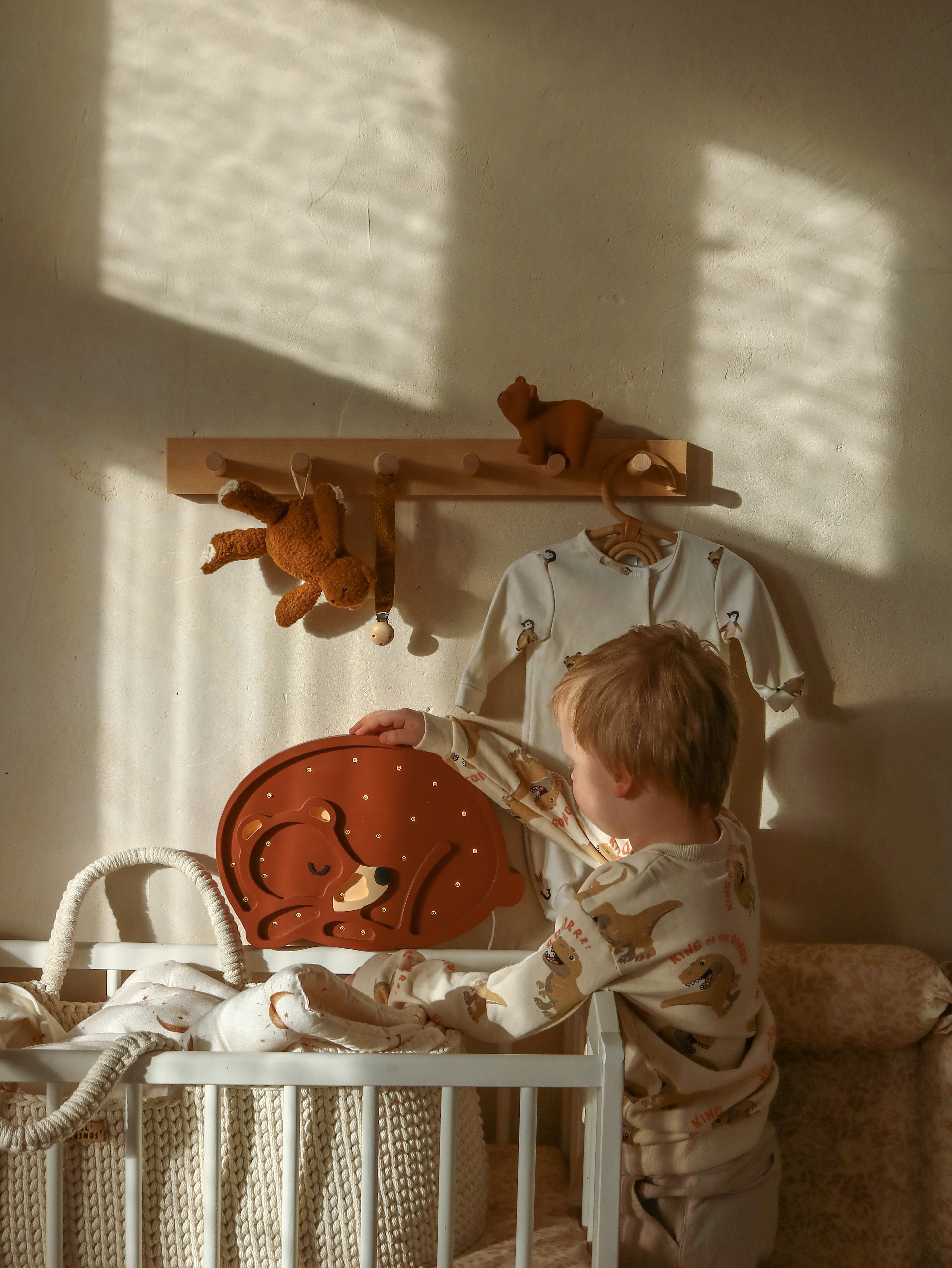 Handmade wooden Sleeping Bear Lamp by Little Lights with dimmable LED lights and remote control