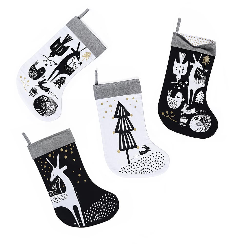 Winter Animals Stocking (White on Black)