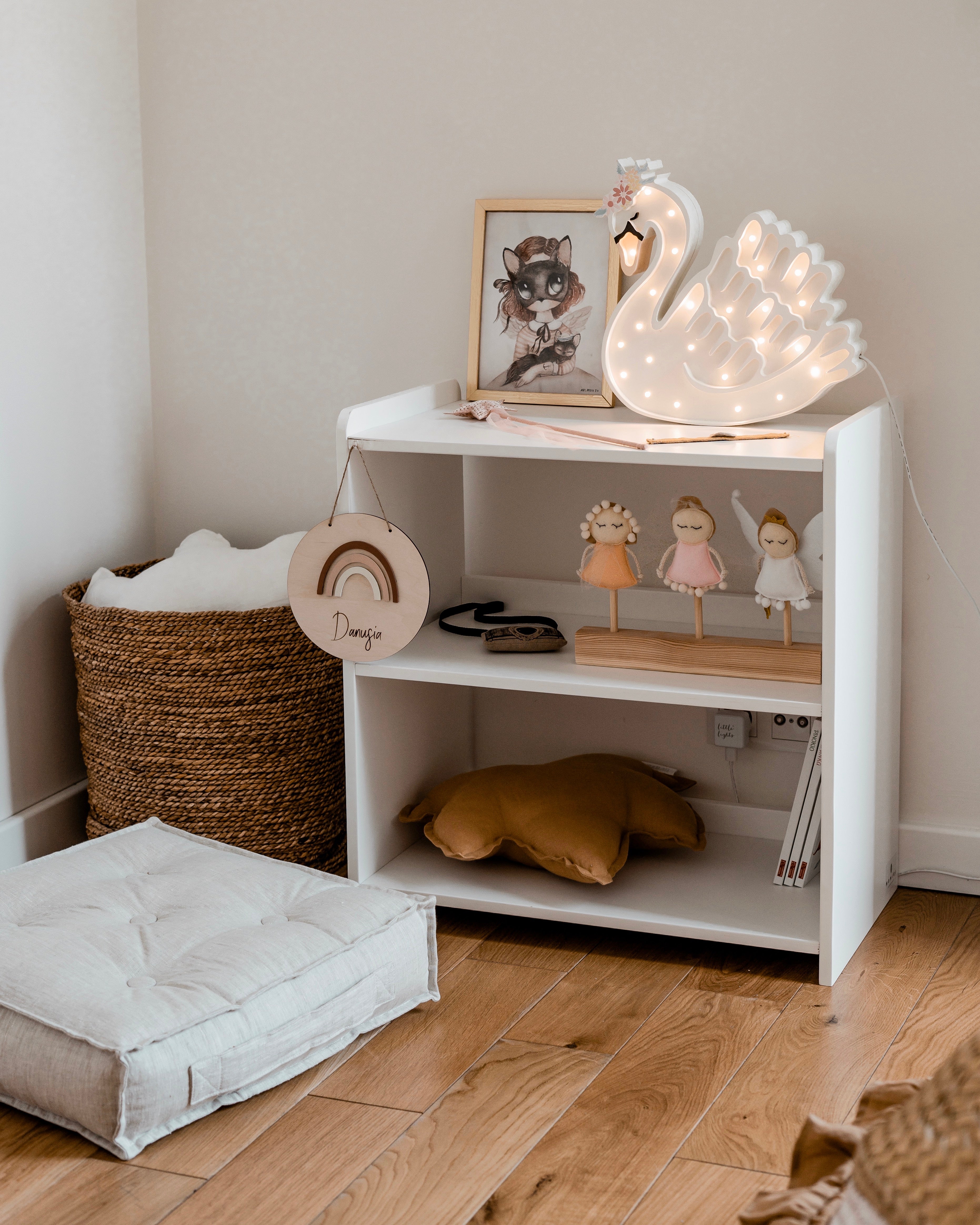 Little Lights White Swan Lamp, wooden handmade dimmable LED lamp with remote for nursery décor