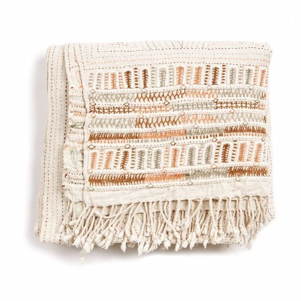 Unah Embroidered Handwoven Organic Cotton Throw (Coral)