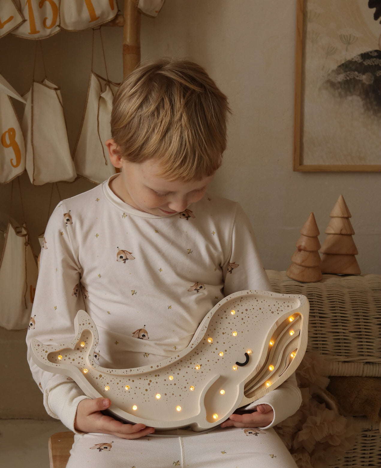 Albino White whale night light, handmade wooden LED lamp for baby and kids' rooms