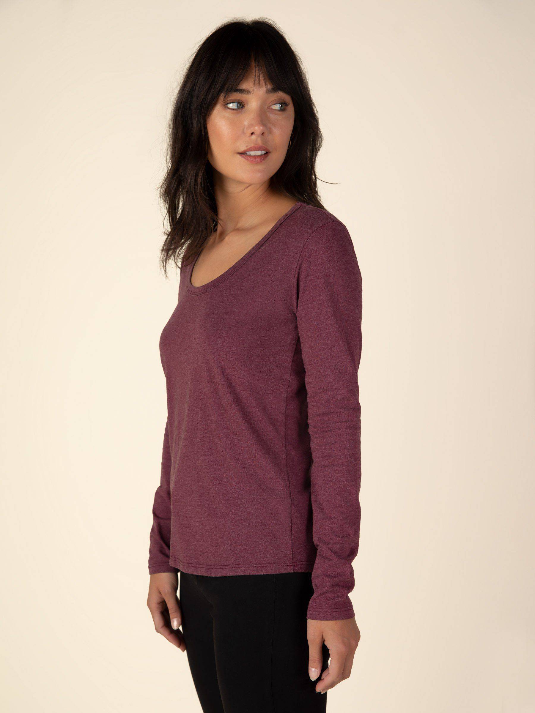 Long Sleeve Scoop Neck Curved Hem Tee (Port) Top Graceful District 