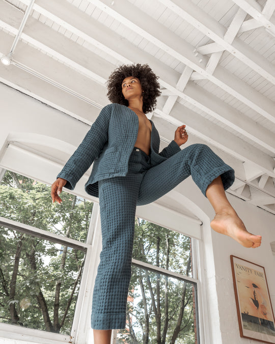 Wide Leg Waffle Pants (Spruce Green)