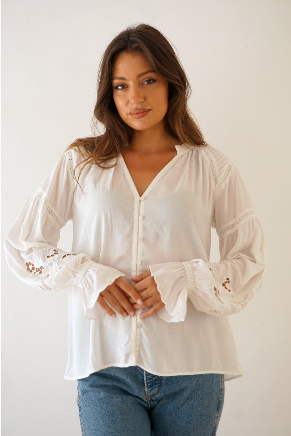 STEVIE retailer MAY White and Yellow Eyelet Blouse Size S