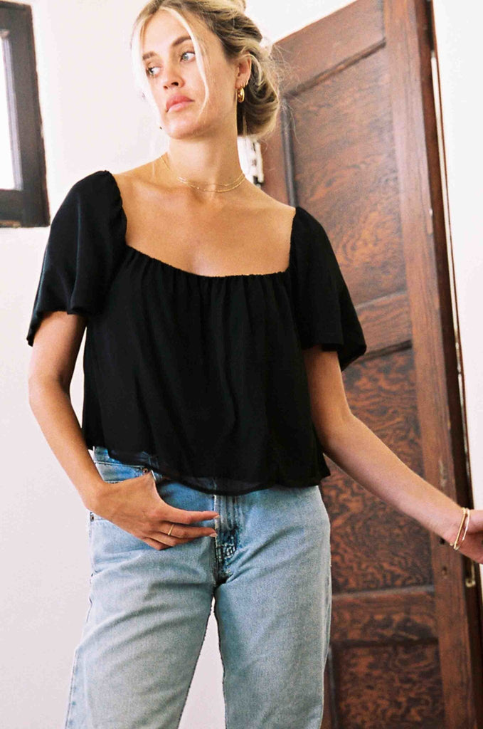 Linen Blend Puff Sleeve Crop Top